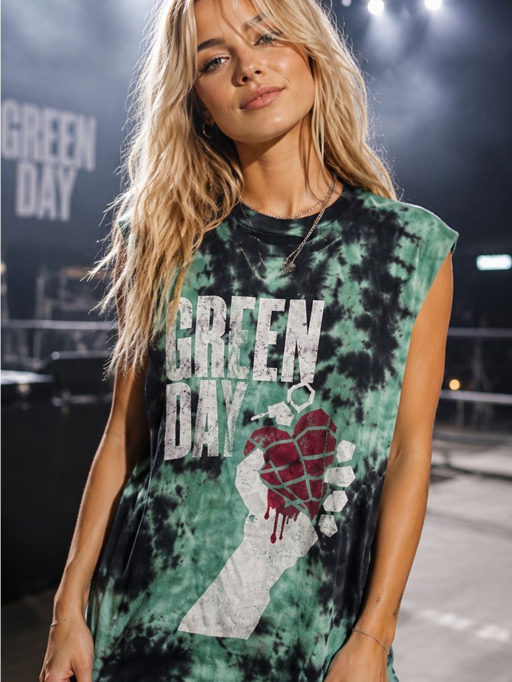 Green Day Tie-Dye Muscle Tank Top - Green/Black
